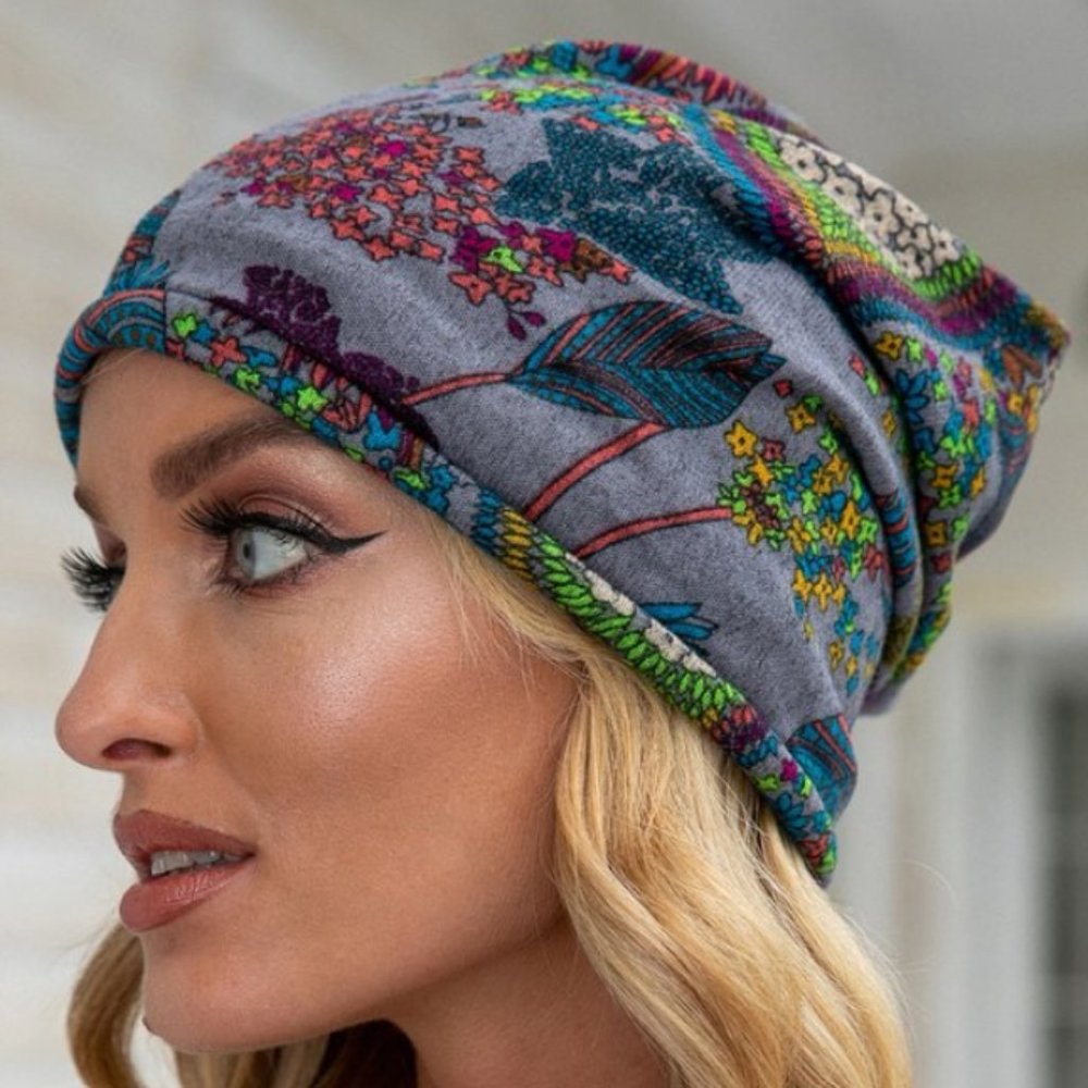 Gray Multicolor Toile Slouchy Beanie